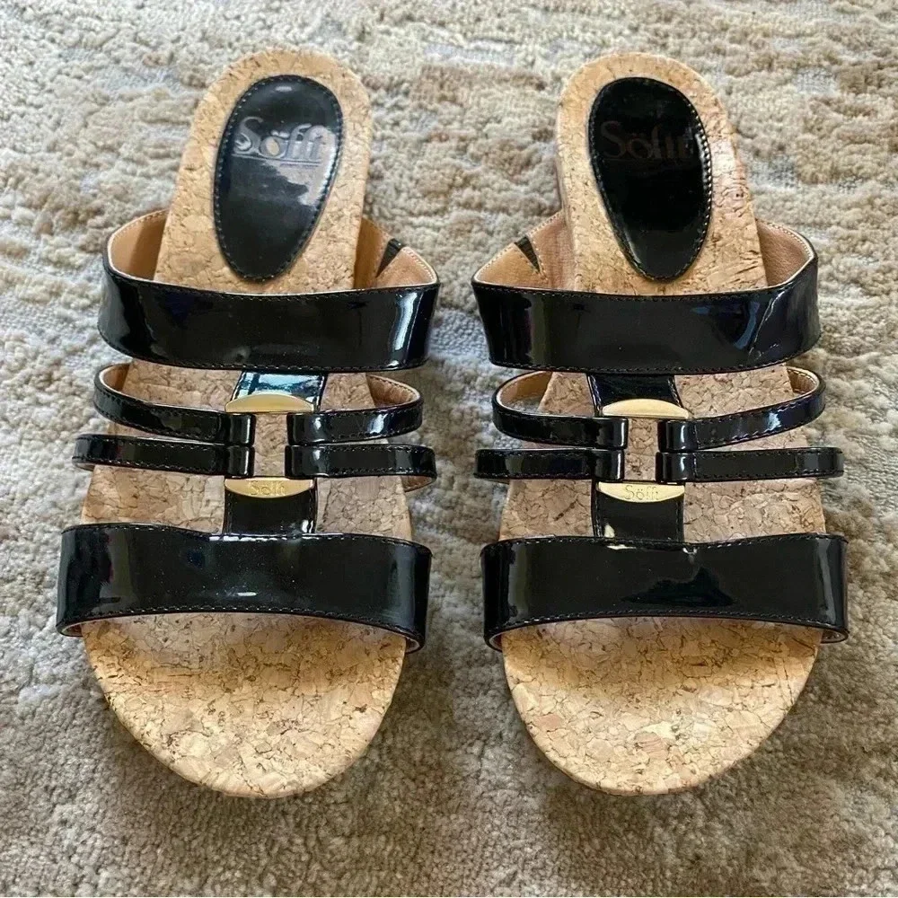 Sofft Patent Leather Cork Sole Flat Strappy Black Sandals Slides: 6.5